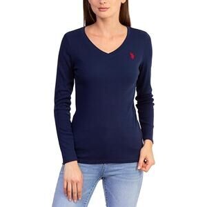 U.S. Polo Assn. Women's XL Classic Navy Long Sleeve Rib V Neck Tee Shirt H18-25